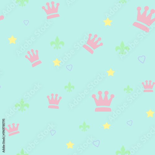 Cute seamless pattern with pink crowns stars and hearts