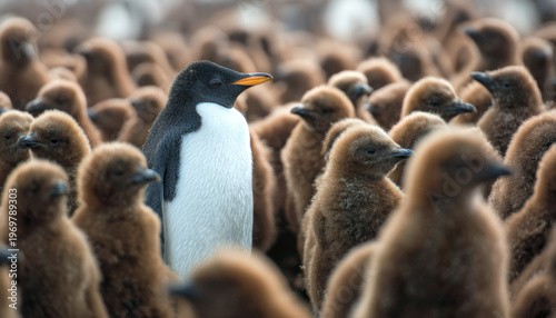 Adult Penguin Standing Among Large Group of Nearly Fully Grown Chicks, Wildlife Photography