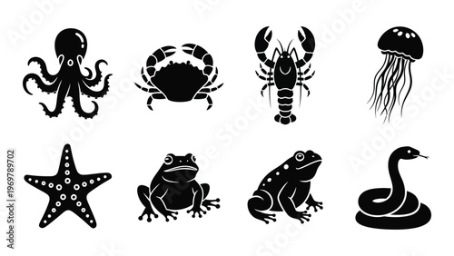 A collection of marine and amphibian creatures depicted in black minimalist outlines creating a striking silhouette high quality professional detailed modern