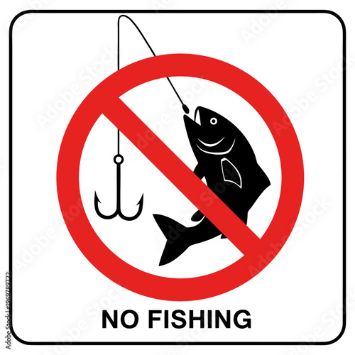 Prohibition vector illustration of no fishing sign with fish hook silhouette on white background