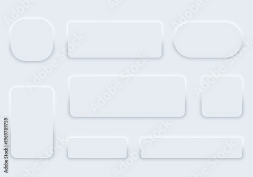 White neumorphic UI element set with rounded cards and buttons on light background