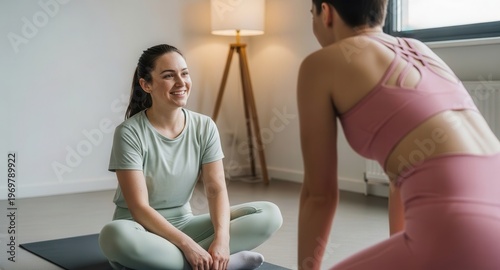 Two Cheerful Women Enjoying a Relaxing Workout Session in a Bright Indoor Space