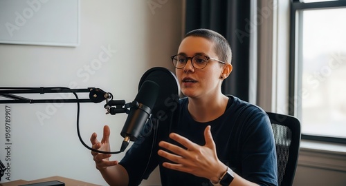 Engaging Male Podcaster Recording Audio in Home Studio Setting with Microphone and Equipment