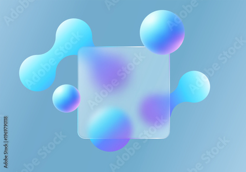 Blue glassmorphism composition with translucent square panel and gradient abstract spheres