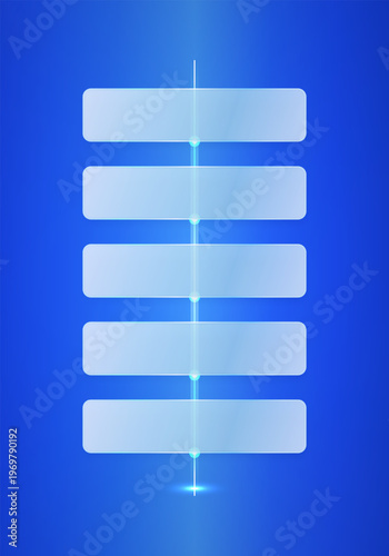 Blue glassmorphism vertical timeline infographic with five transparent panels