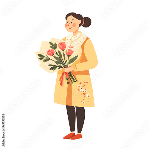 Elegant Mother with Bouquet Vector Graphic