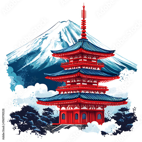 Traditional Mount Fuji with Pagoda and Koinobori Flag
