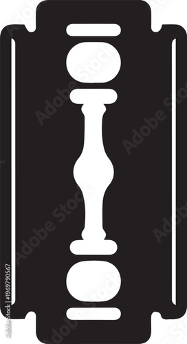 A sharp, single-edged razor blade, a classic shaving tool with a historical design, depicted in a black and white silhouette for a timeless and iconic representation