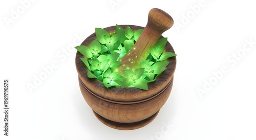 Wooden Mortar and Pestle with Glowing Green Medicinal Leaves – Natural Herbal Medicine and Alternative Healing Concept Isolated on White Background