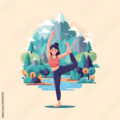 Woman Doing Yoga King Dancer Pose in Mountain Nature Landscape Illustration