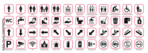 public signage icon set restroom navigation safety facility symbol vector collection