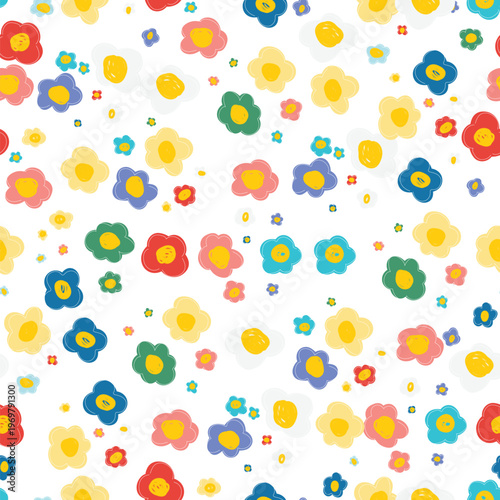 Colorful cute floral seamless pattern Naive art, hand drawn doodle flowers background.