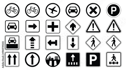 Set of transportation and navigation icons including bicycle car airplane parking and directional signs in flat design style