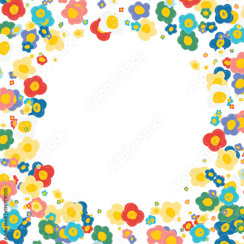Colorful cute floral frame. Naive art, hand drawn children illustration. Doodle flowers border. Good for greeting cards or invitations