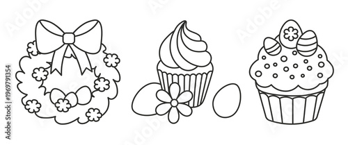 Set of Easter decorations. Easter cupcakes, eggs, and wreath for coloring book, stickers, and icons.