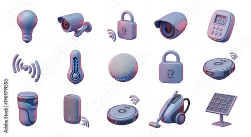 A collection of smart home devices and security icons in a modern flat design style
