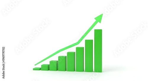 Rising Financial Bar Chart with Glowing Green Up Arrow – Business Growth, Profit Increase and Investment Success Concept, 3D Render Isolated on White Background