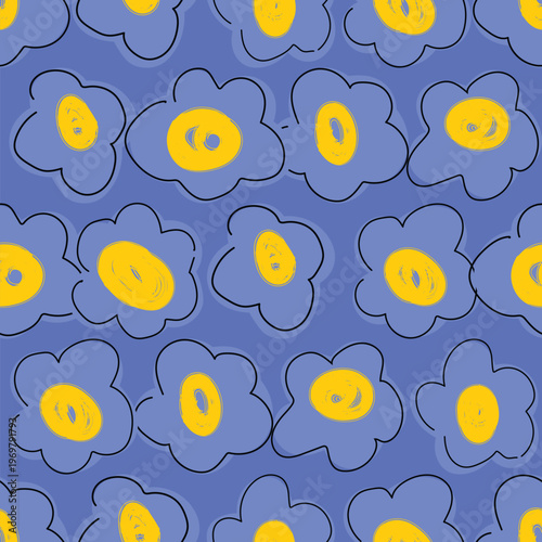 Doodle blue flowers with yellow centers creating a playful seamless floral pattern on a purple background, representing spring, nature, and organic designs for various creative purposes