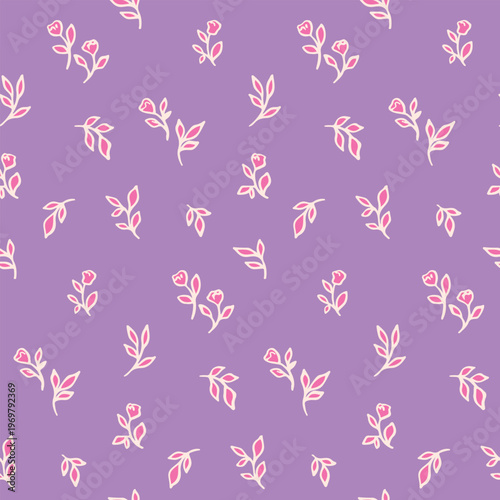Seamless floral pattern, abstract ditsy print of tiny hand drawn plants. Simple cute botanical design of small outline flowers, mini leaves falling on light purple background. Vector art illustration