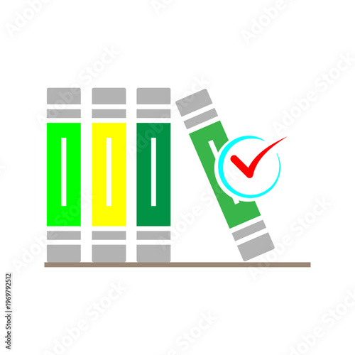 Outline icon. illustration of stacked books with checkmark symbol representing approved documents, verified learning materials, and certified knowledge.