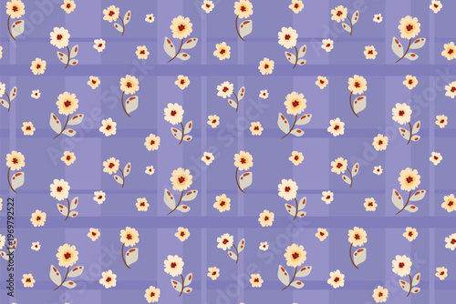 Seamless floral pattern, cute ditsy print in liberty style. Simple botanical design of small hand drawn plants, tiny daisy flowers, white chamomile, mini leaves, blue background. Vector illustration.