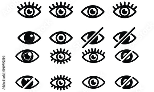  Black eye icon collection set isolated on white background