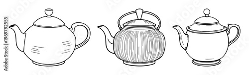 Cast iron tetsubin set with black line art design featuring cast iron teapot, Japanese tea kettle, steam with ceramics and tea