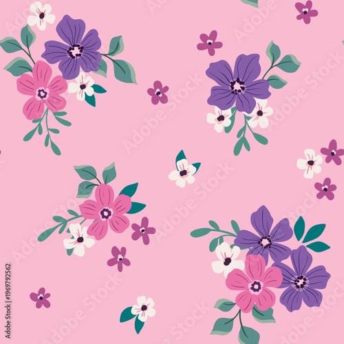 Seamless floral pattern, liberty ditsy print in cute girly motif. Pretty botanical design of simple hand drawn bouquets, small flowers, tiny leaves on delicate pink background. Vector illustration.