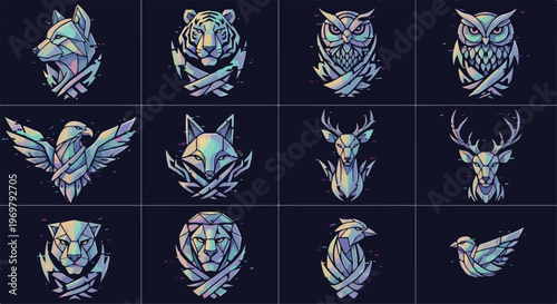A collection of holographic animal icons featuring a wolf, bear, owl, eagle, deer, and dove on a dark background with a metallic sheen