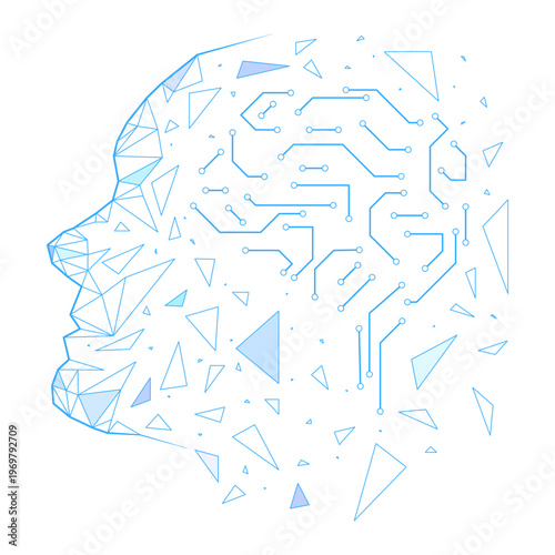 Stylized human head outline with geometric shapes and circuit board pattern in blue tones, abstract technology concept symbolizing artificial intelligence, digital thinking, and innovation