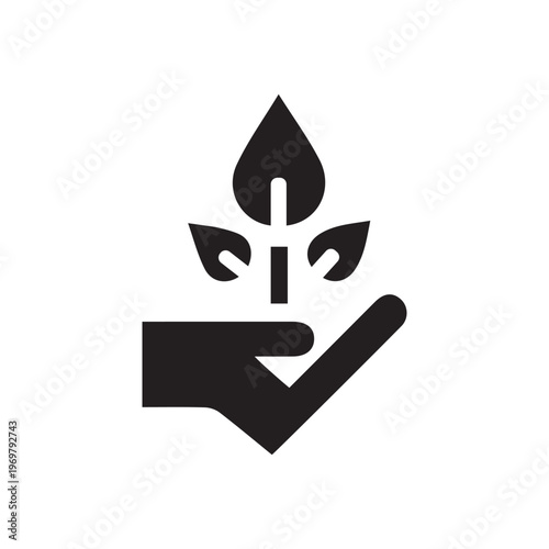 Hand holding a small plant icon isolated on a white background, stylized graphic
