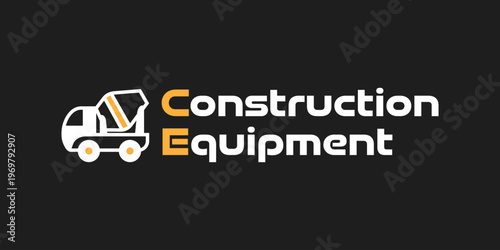 A white and orange line art logo of a concrete mixer truck on a black background for a construction machinery company.