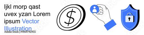 Financial technology, online payments, identity verification, data privacy, digital security, authentication. Dollar sign, hand holding user icon and security shield. Financial technology and data