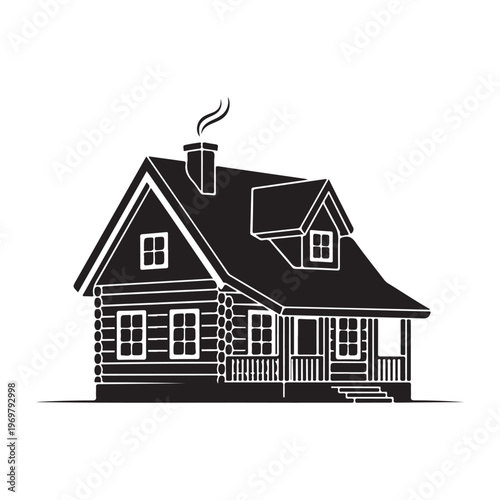 Cabin in woods with smoke from chimney and surrounding pine trees silhouette.