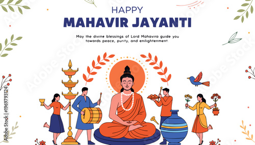 Mahavir jayanti illustration with people celebrating and religious items
