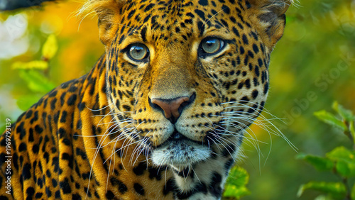 Leopard close-up with striking blue eyes and spotted fur, wild animal portrait in natural habitat, golden and green bokeh background