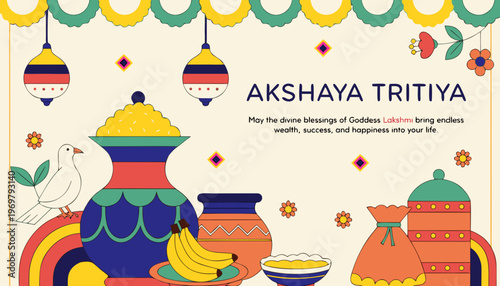 Akshaya tritiya greeting with traditional indian symbols of prosperity
