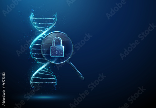 3d DNA strand under magnifying glass with padlock Genetic data security, DNA access control, genome protection, secure biotechnology research, medical privacy concept.
