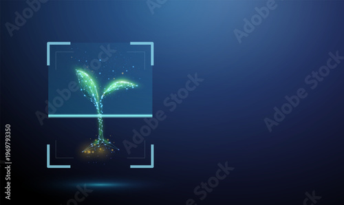 3d plant inside digital scanning frame Plant inspection, environmental study, genetic research, biological assessment, standards compliance, certification verification concept.