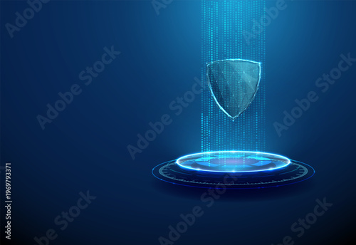 3d shield on futuristic in flowing data stream. Security, protection, access control, digital defense, cybersecurity, risk management, trusted system concept.