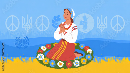 Woman in traditional clothing praying in a floral circle with peace signs and ukrainian symbols in the background