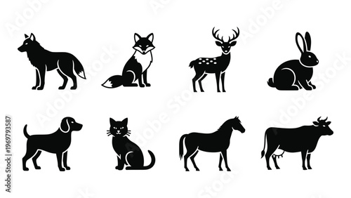 A collection of eight animal silhouettes displayed above four more showcasing a variety of mammals in black silhouette high quality professional