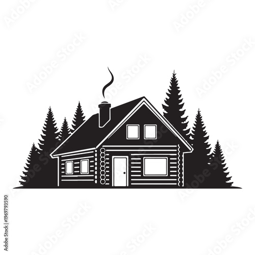 Cabin in woods with smoke from chimney and surrounding pine trees silhouette.