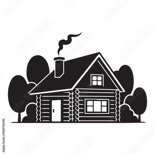 Cabin in woods with smoke from chimney and surrounding pine trees silhouette.