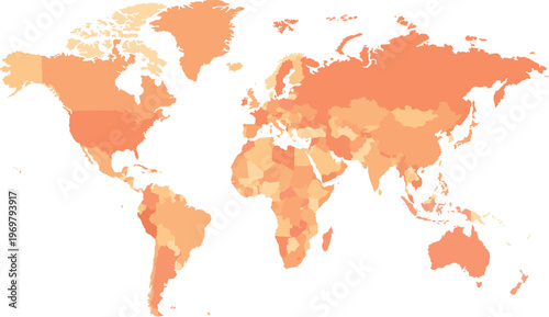 Stylized World Map with Coral Gradient Shading of Countries and Continents