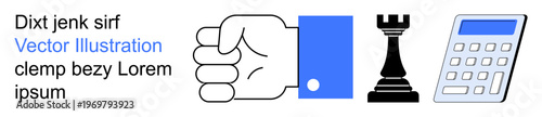 Business planning, decision-making, financial analysis, leadership, strategy, and problem-solving. Hand, chess rook and calculator icons. Business strategy and decision-making visual