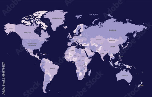Detailed World Map with Labeled Countries and Light Purple Gradient on Dark Navy Background