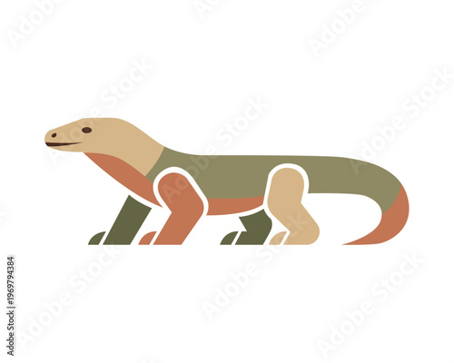 Minimalist Komodo Dragon Flat Vector Illustration geometric reptile design, modern simple shapes, Indonesian wildlife icon, clean color blocks, stylized lizard,