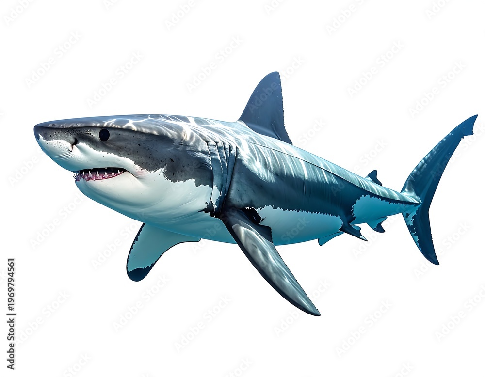 Fototapeta premium A realistic, close-up view of a large shark with white underbelly, showcasing sharp teeth and fins, isolated on white background