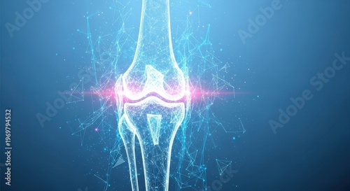 Knee pain surgery options concept. Digital illustration of a human knee joint with glowing effect and geometric particle connections.